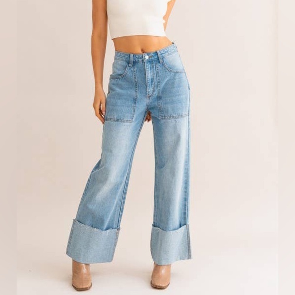 Le Lis High Waisted Wide Leg Cuffed Jeans - Picture 1 of 5